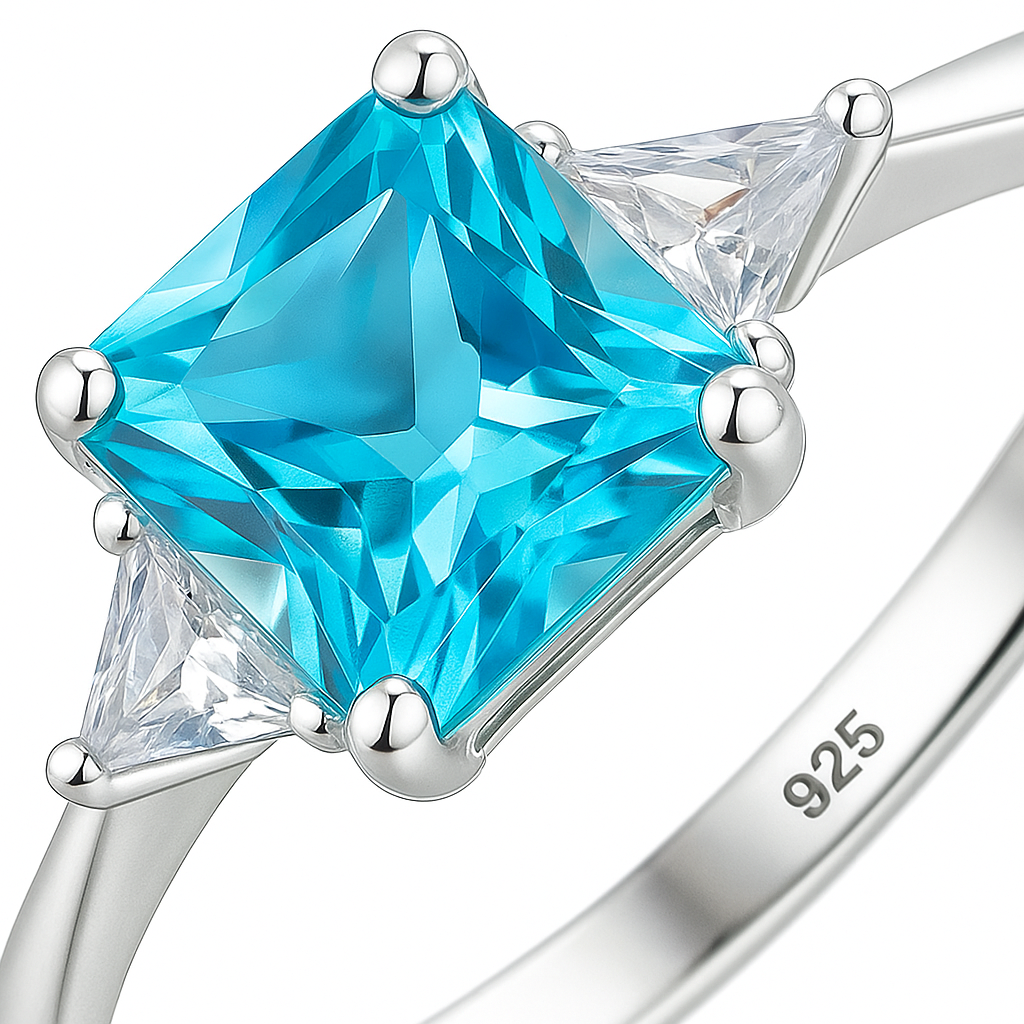Blue Princess Cut Ring with Sparkling Side Stones