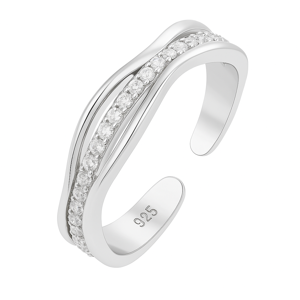 Adjustable Silver Wave Ring with Sparkling Accents