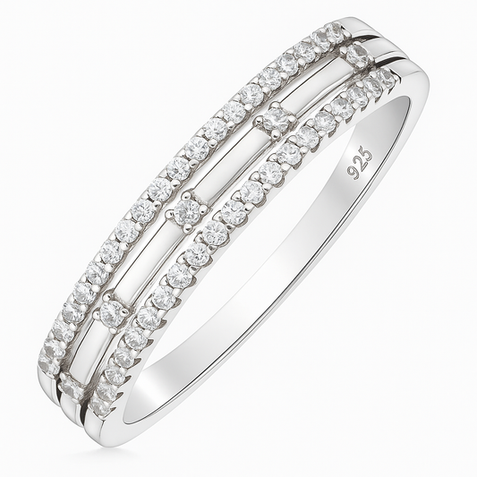 Double Row 925 Silver Ring with Round and Baguette Zircon Stones