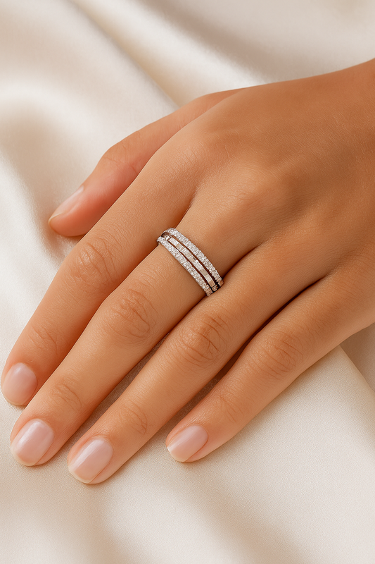 Double Row 925 Silver Ring with Round and Baguette Zircon Stones