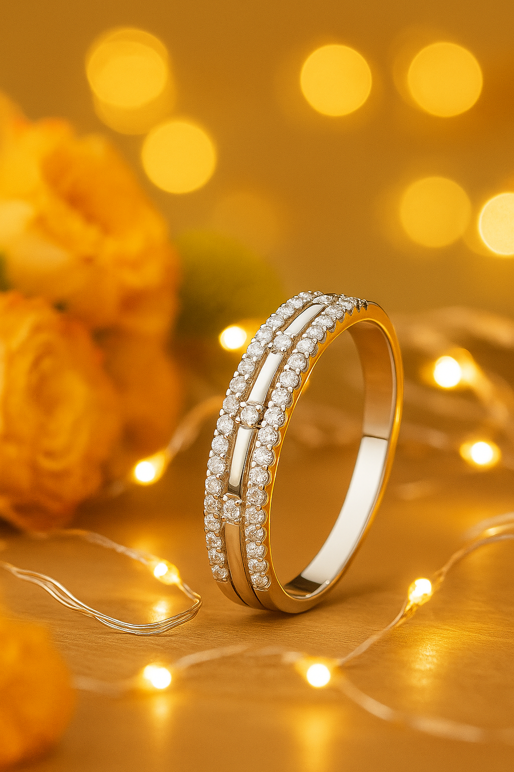 Double Row 925 Silver Ring with Round and Baguette Zircon Stones