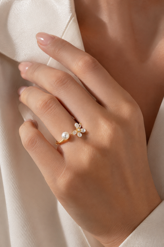 Gold Pearl & Flower Open Adjustable Ring
