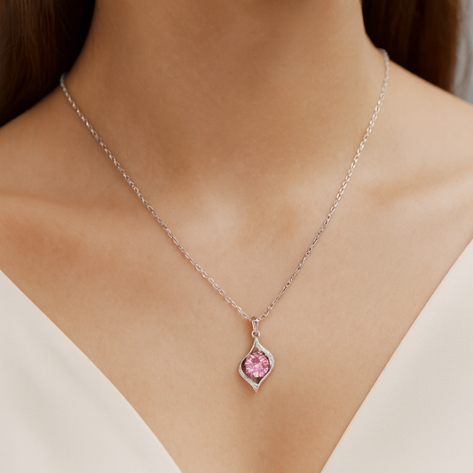 925 Silver Pink Solitaire Pendant Necklace for Women – Elegant CZ Crystal Charm