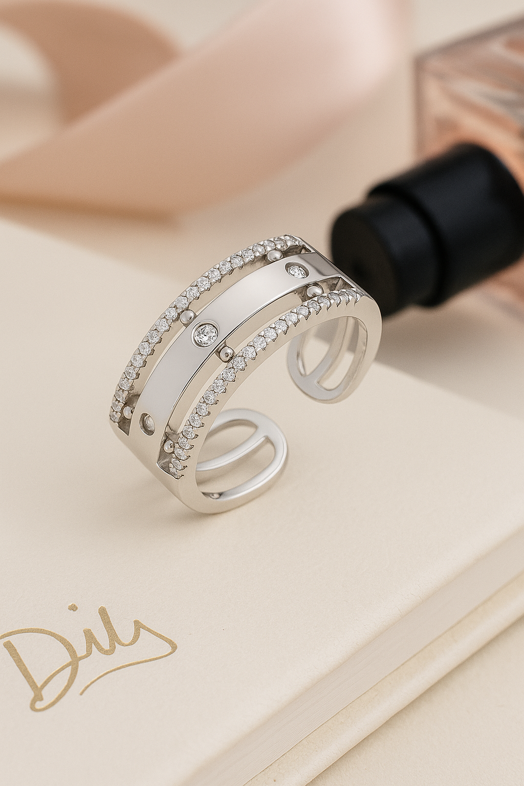 Trendy Dual Band Adjustable Silver Zircon Ring for Women – Modern Open Finger Ring for Party & Daily Wear