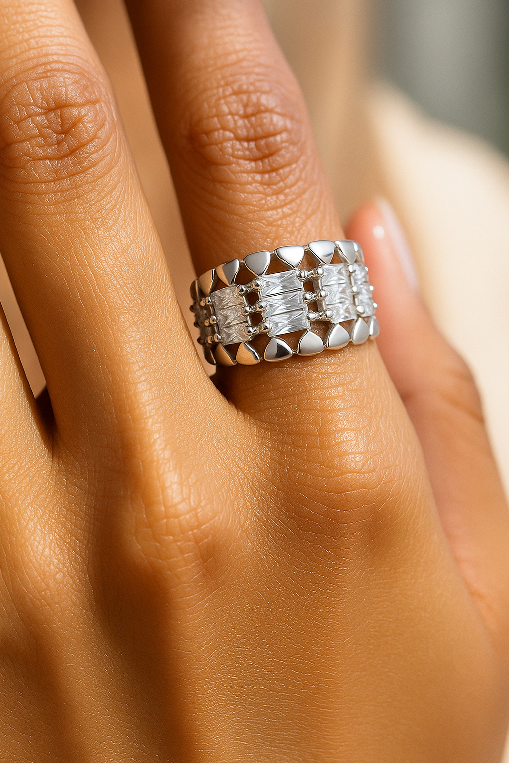 Luxury Silver Plated Statement Ring for Women – Elegant Baguette Zircon Wide Band Finger Ring