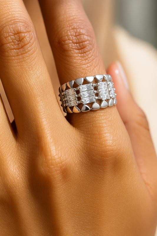 Luxury Silver Plated Statement Ring for Women – Elegant Baguette Zircon Wide Band Finger Ring