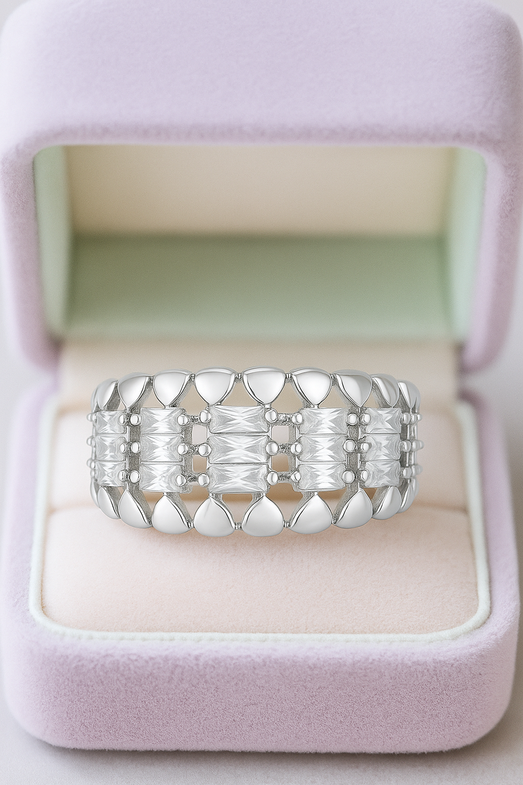 Luxury Silver Plated Statement Ring for Women – Elegant Baguette Zircon Wide Band Finger Ring