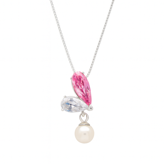925 Silver Pink CZ & Pearl Drop Pendant Necklace for Women – Elegant Dual Stone Design