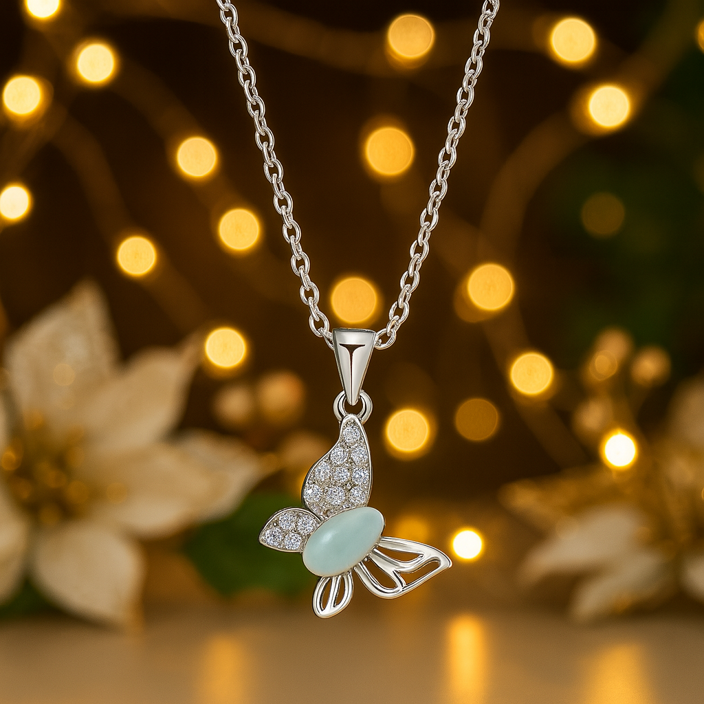 925 Silver Butterfly Pendant Necklace for Women – CZ Stone & Pearl Accent Design