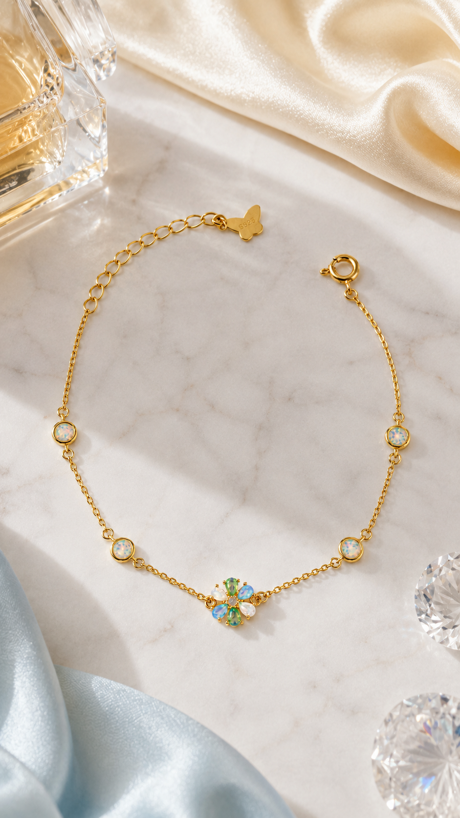 Multicolor Opal Flower Station Chain Bracelet
