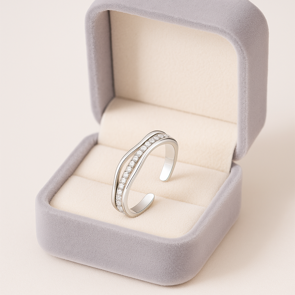 Adjustable Silver Wave Ring with Sparkling Accents