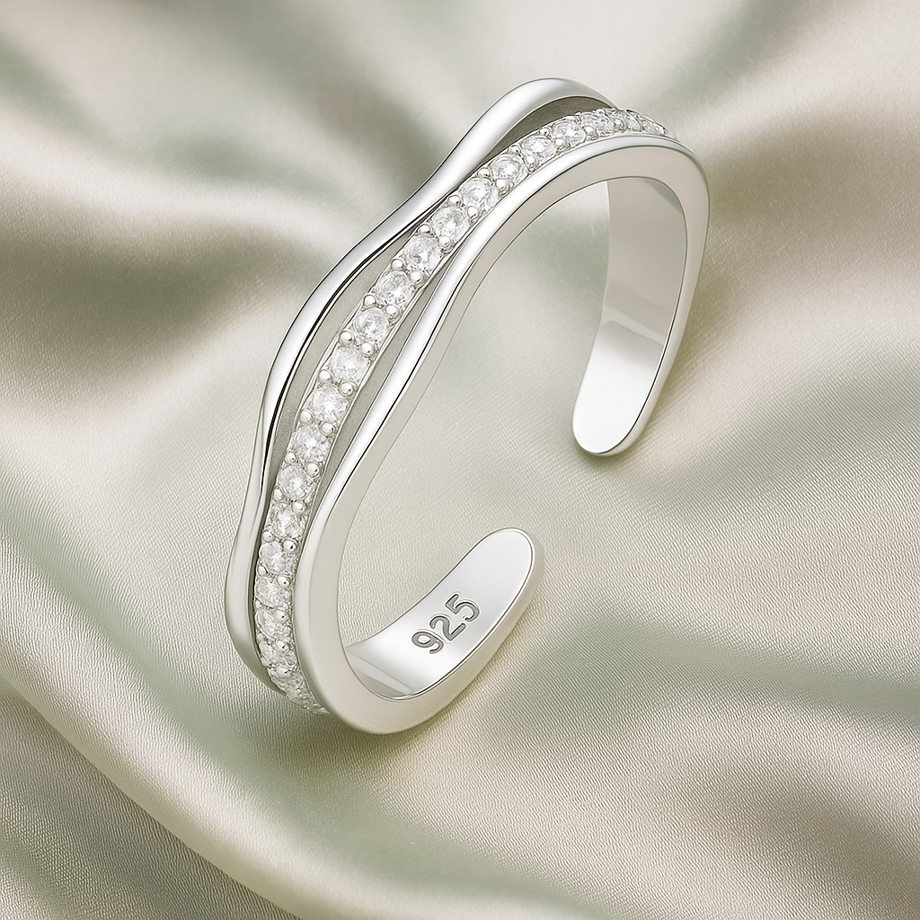 Adjustable Silver Wave Ring with Sparkling Accents