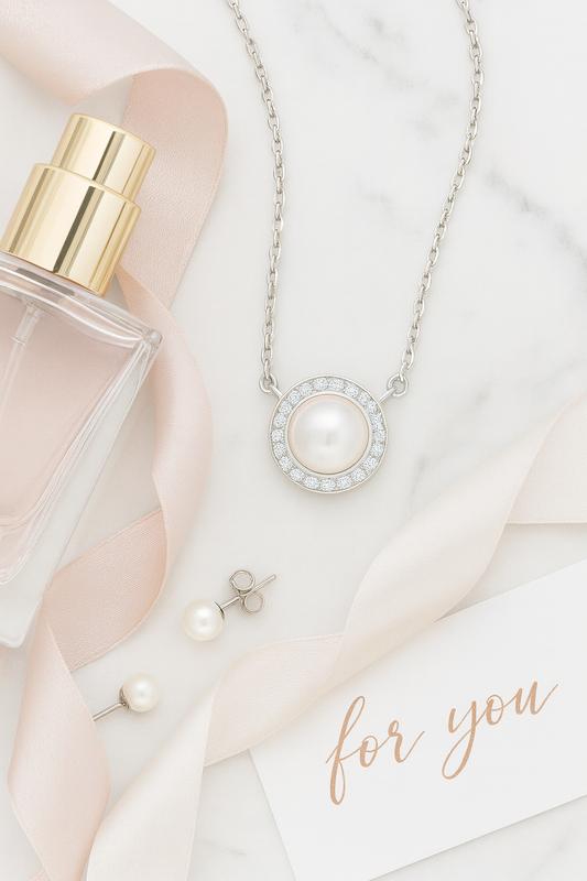 Round Pearl Zircon Pendant Necklace for Women 925 Silver Finish Elegant Daily and Party Wear Chain