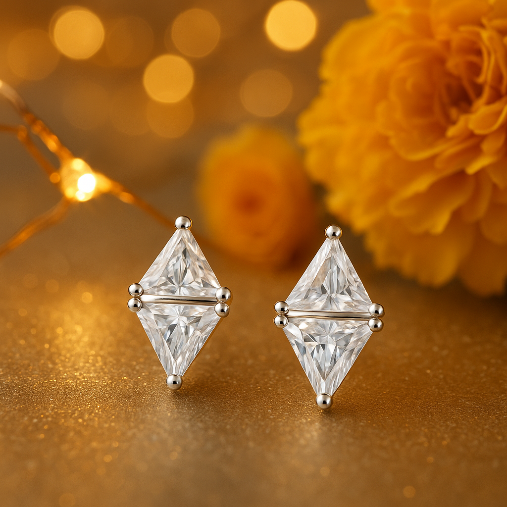 Elegant Dual-Triangle Diamond Cut Zircon Stud Earrings for Women | Premium Silver Finish | Daily Wear & Party Wear Jewelry