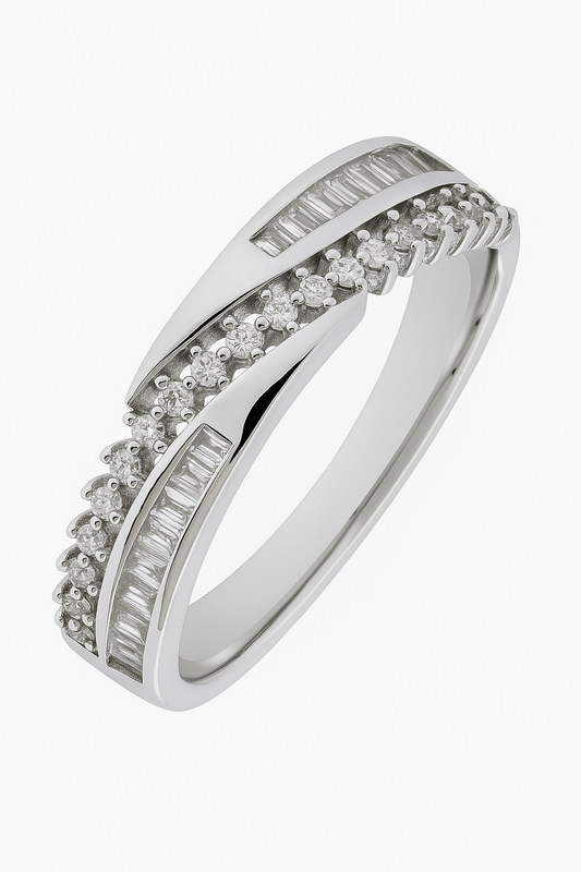 Stylish 925 Silver Dual Row Baguette & Round CZ Band Ring for Women – Elegant Party & Daily Wear Ring