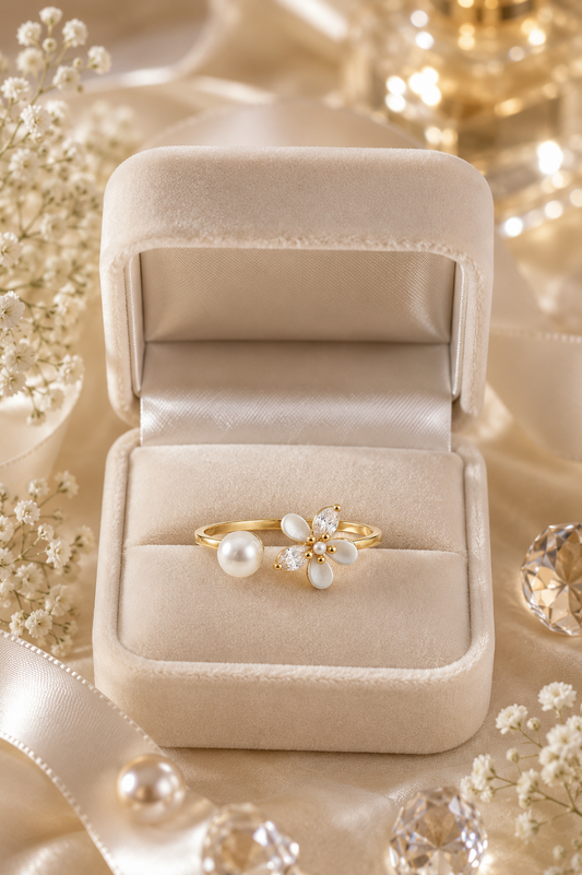 Gold Pearl & Flower Open Adjustable Ring