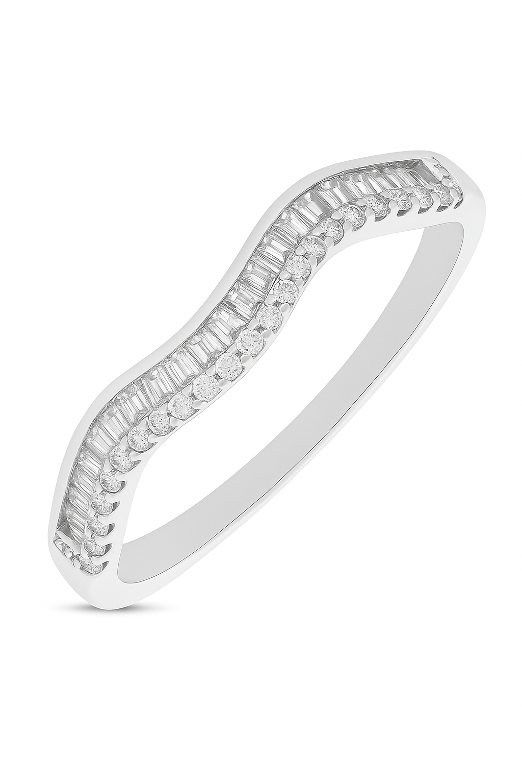925 Silver Wave Design Baguette & Round Zircon Band Ring for Women – Elegant Minimalist Jewelry