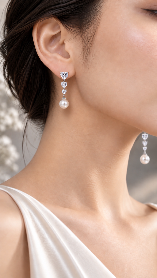 Triple Heart Pearl Drop Earrings