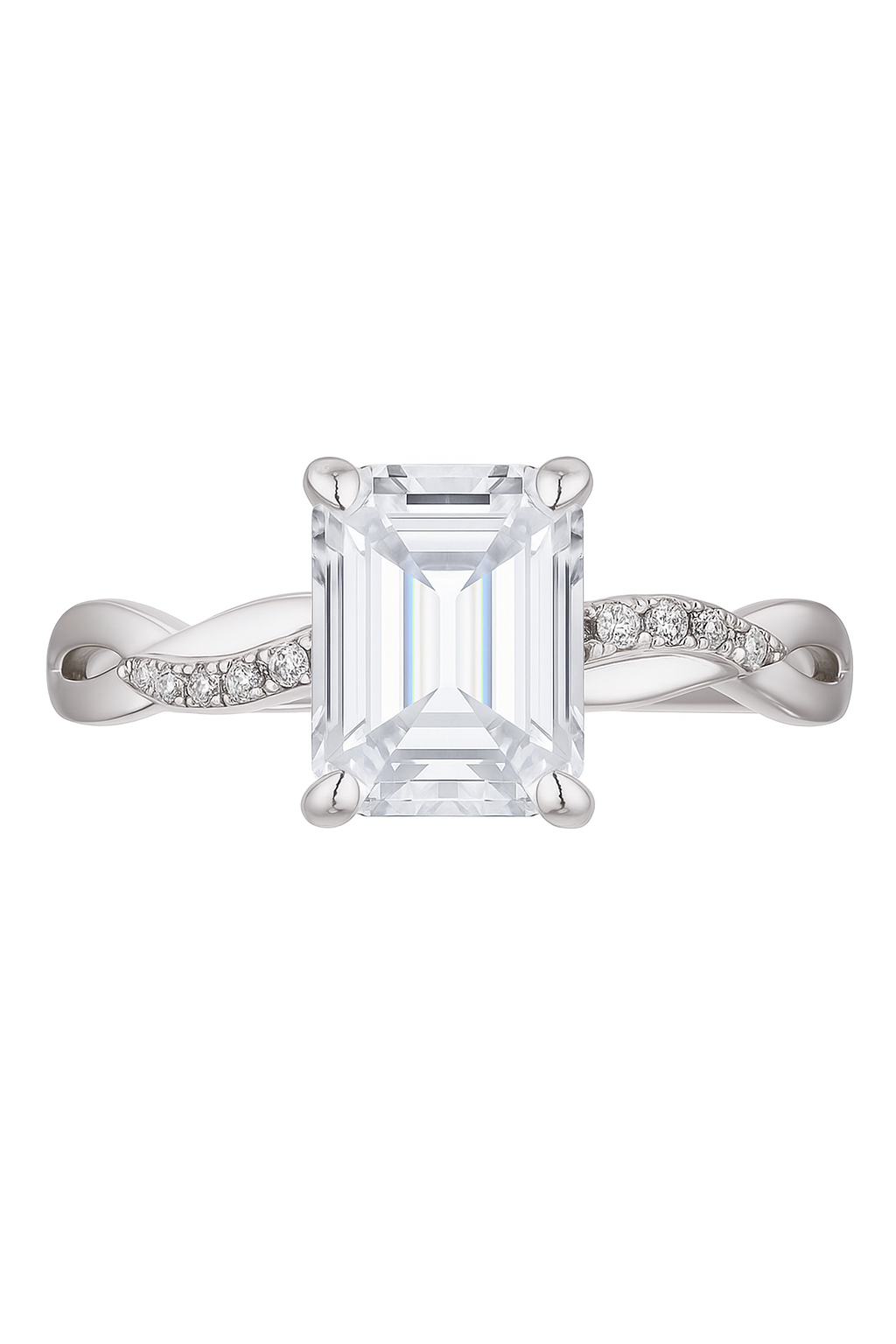 925 Silver Emerald Cut Solitaire Ring with Twisted Band – Classic Elegant Zircon Ring for Women