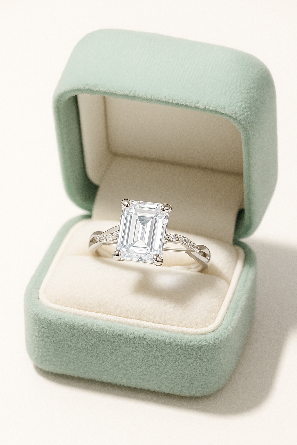 925 Silver Emerald Cut Solitaire Ring with Twisted Band – Classic Elegant Zircon Ring for Women
