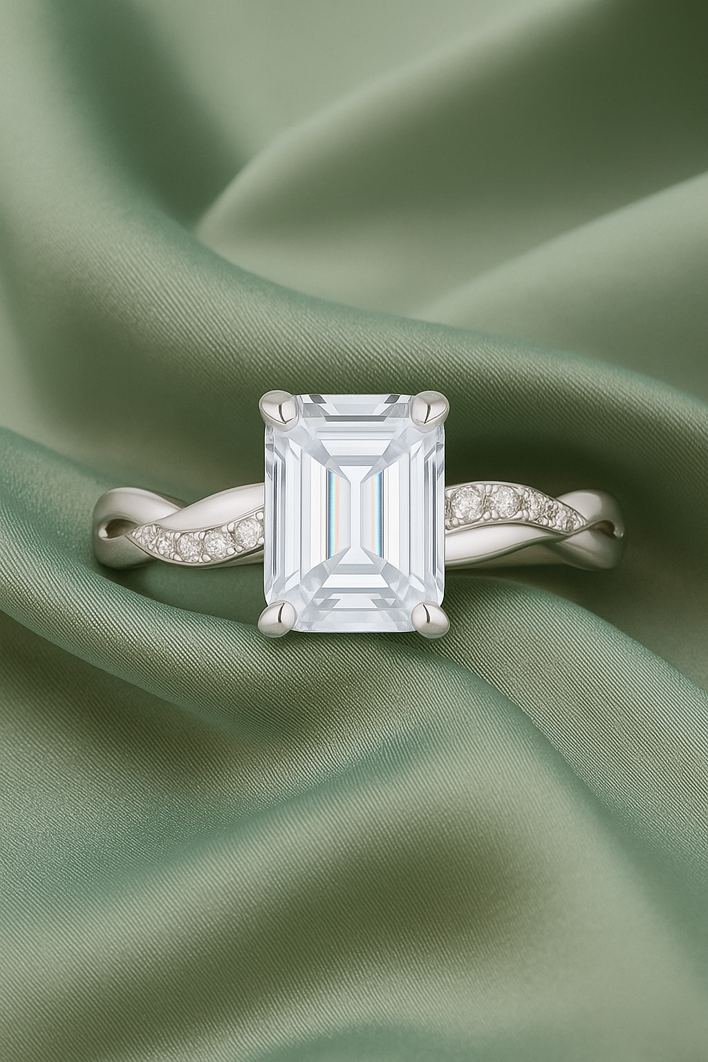 925 Silver Emerald Cut Solitaire Ring with Twisted Band – Classic Elegant Zircon Ring for Women