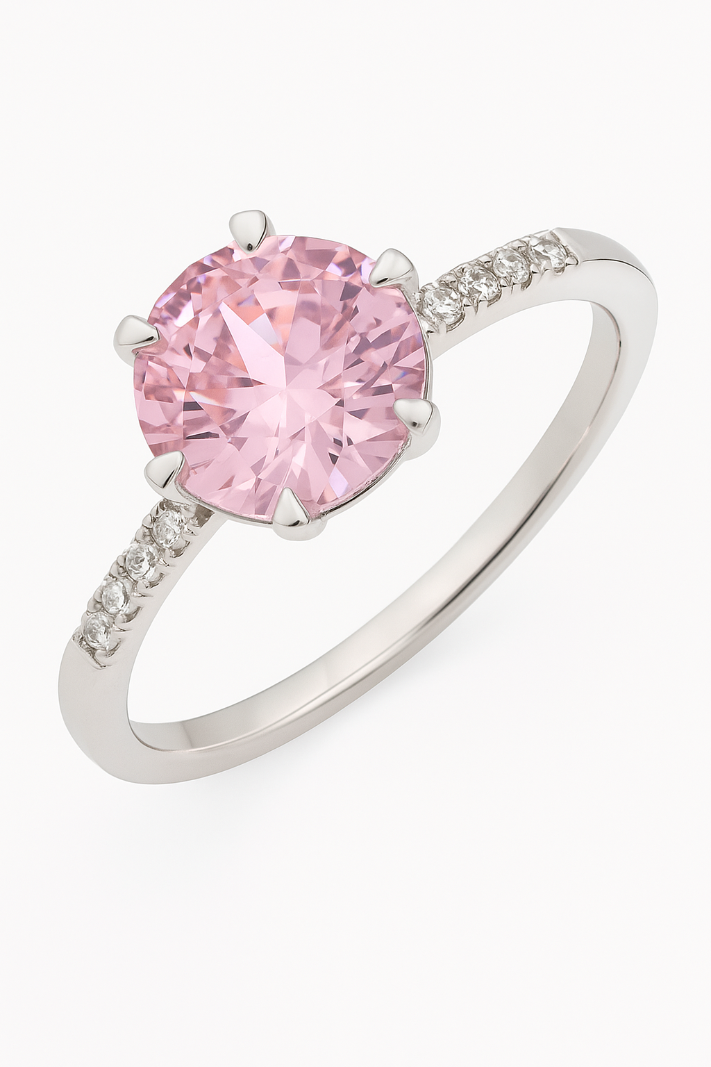 925 Silver Pink Solitaire Ring with Side Zircons – Romantic Elegant Promise Ring for Women