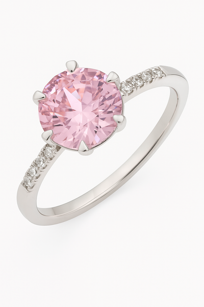 925 Silver Pink Solitaire Ring with Side Zircons – Romantic Elegant Promise Ring for Women