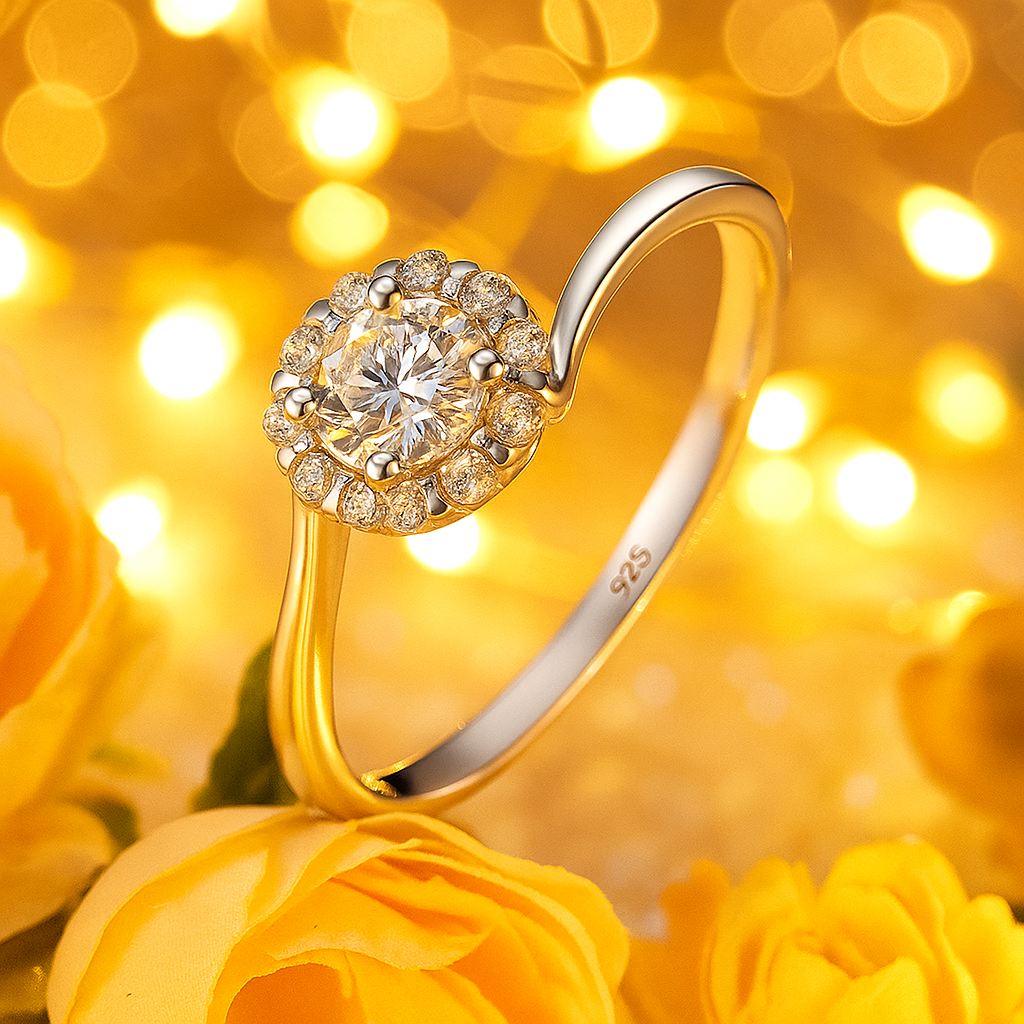 Classic Halo Round Solitaire Ring with Side Twist