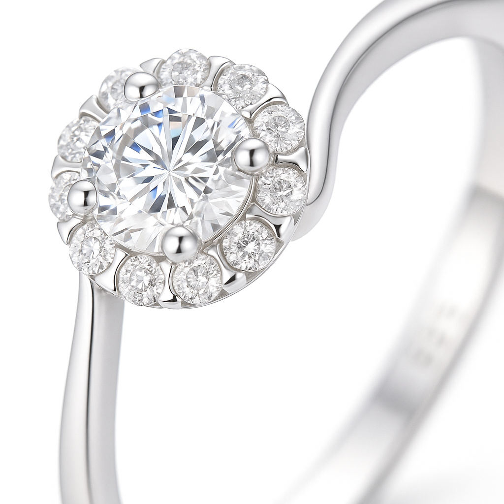 Classic Halo Round Solitaire Ring with Side Twist