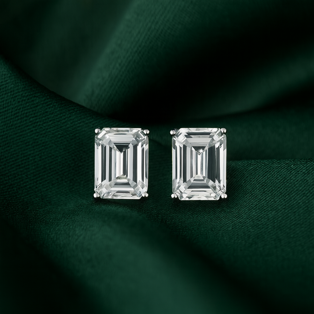 Emerald Cut Diamond-Look Stud Earrings for Women | Silver Plated CZ Earrings Daily Wear