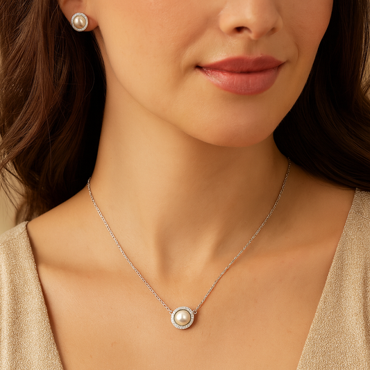925 Silver Pearl Pendant Necklace & Earrings Set for Women – Elegant Halo CZ Design