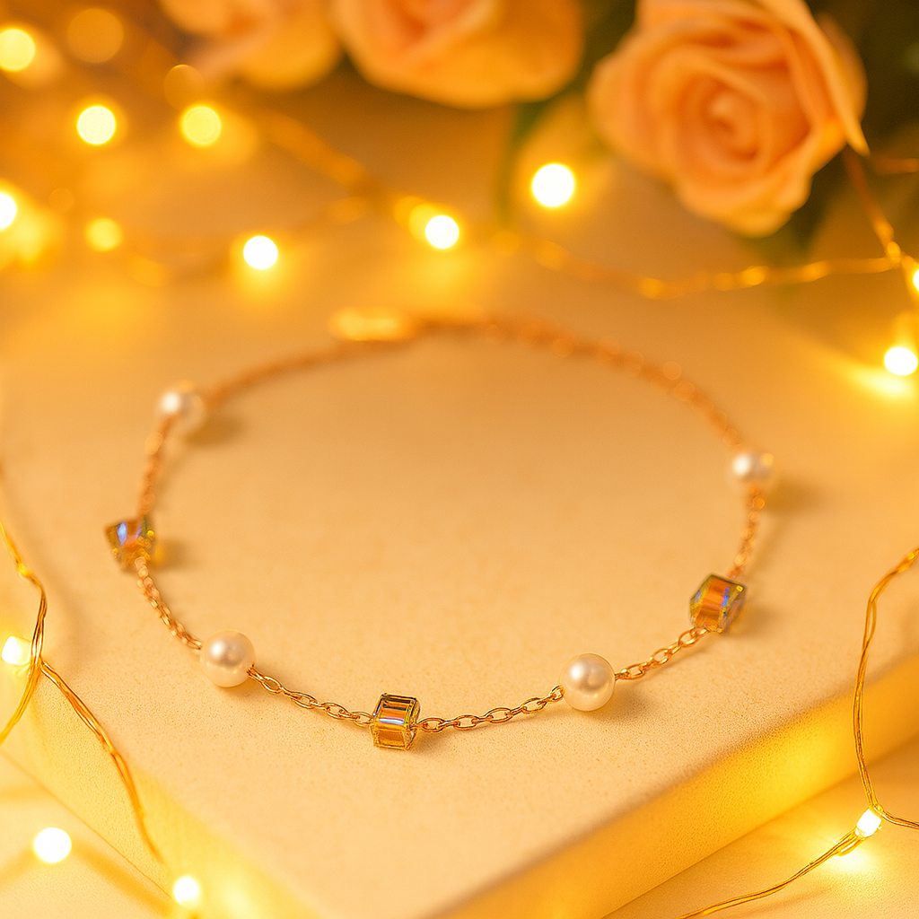 Silver Pearl & Crystal Cube Charm Bracelet for Women