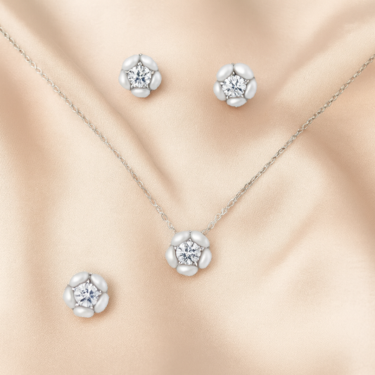 925 Silver Floral CZ Pendant Necklace & Earrings Set for Women – Elegant Everyday Jewelry