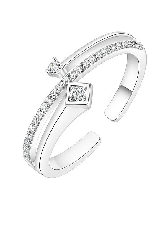 925 Silver Adjustable Dual Design Open Zircon Ring – Modern Minimalist Jewelry for Women