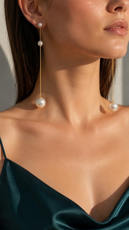 Triple Pearl Long Chain Earrings