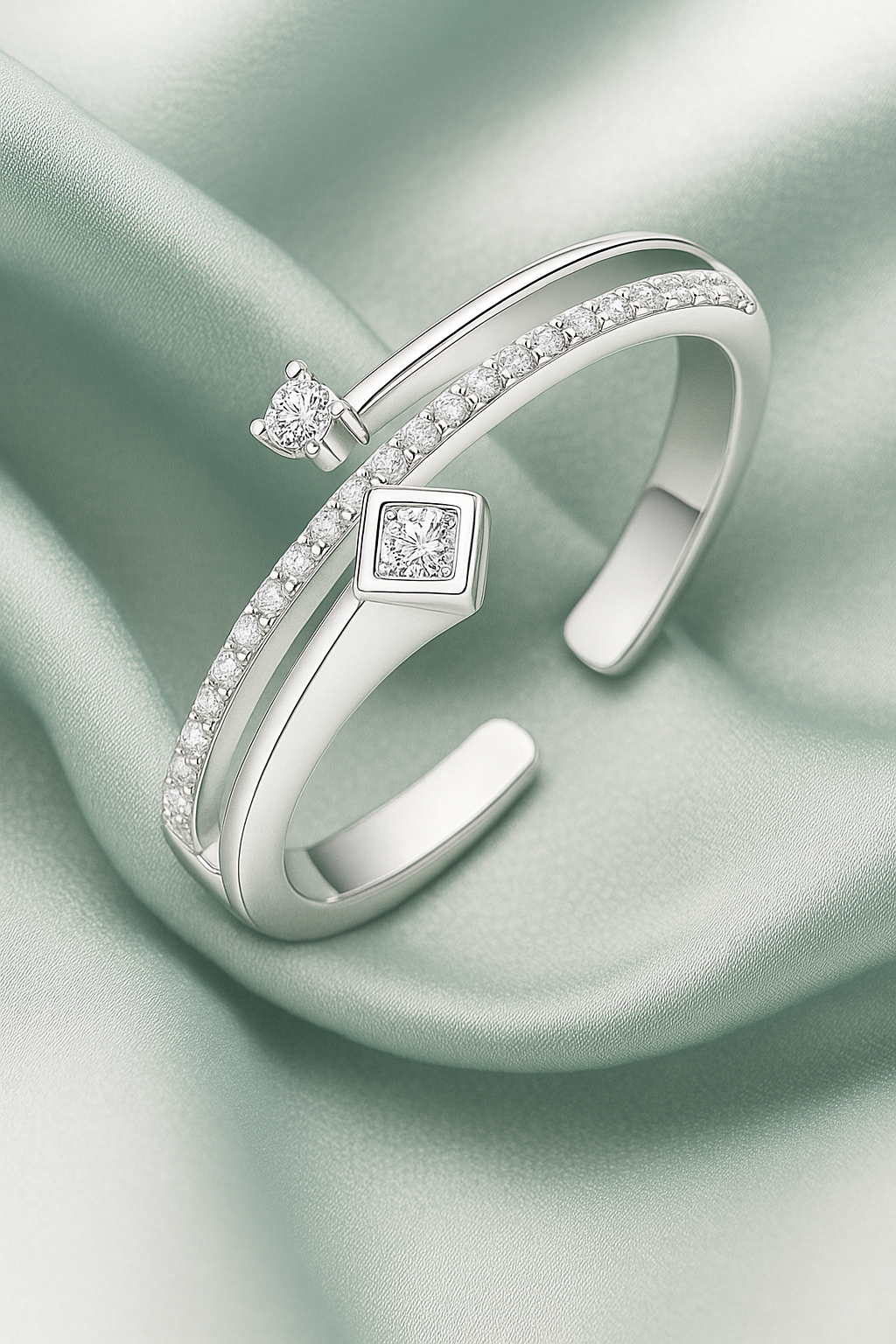 925 Silver Adjustable Dual Design Open Zircon Ring – Modern Minimalist Jewelry for Women