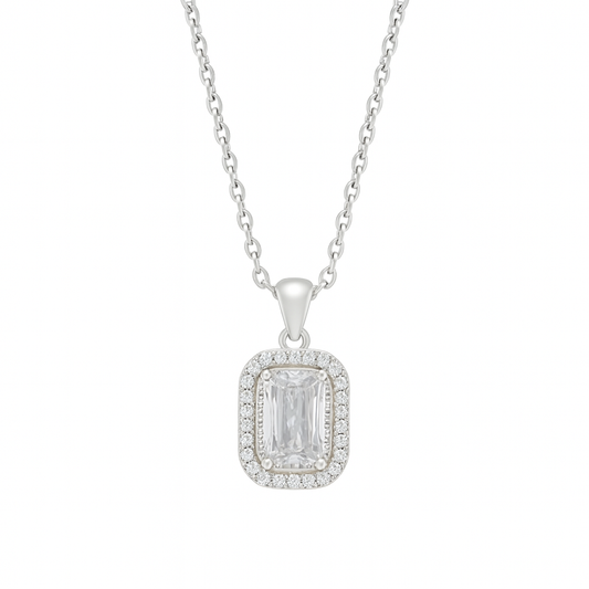 925 Silver Rectangular Halo Pendant Necklace for Women – Classic Sparkling CZ Stone