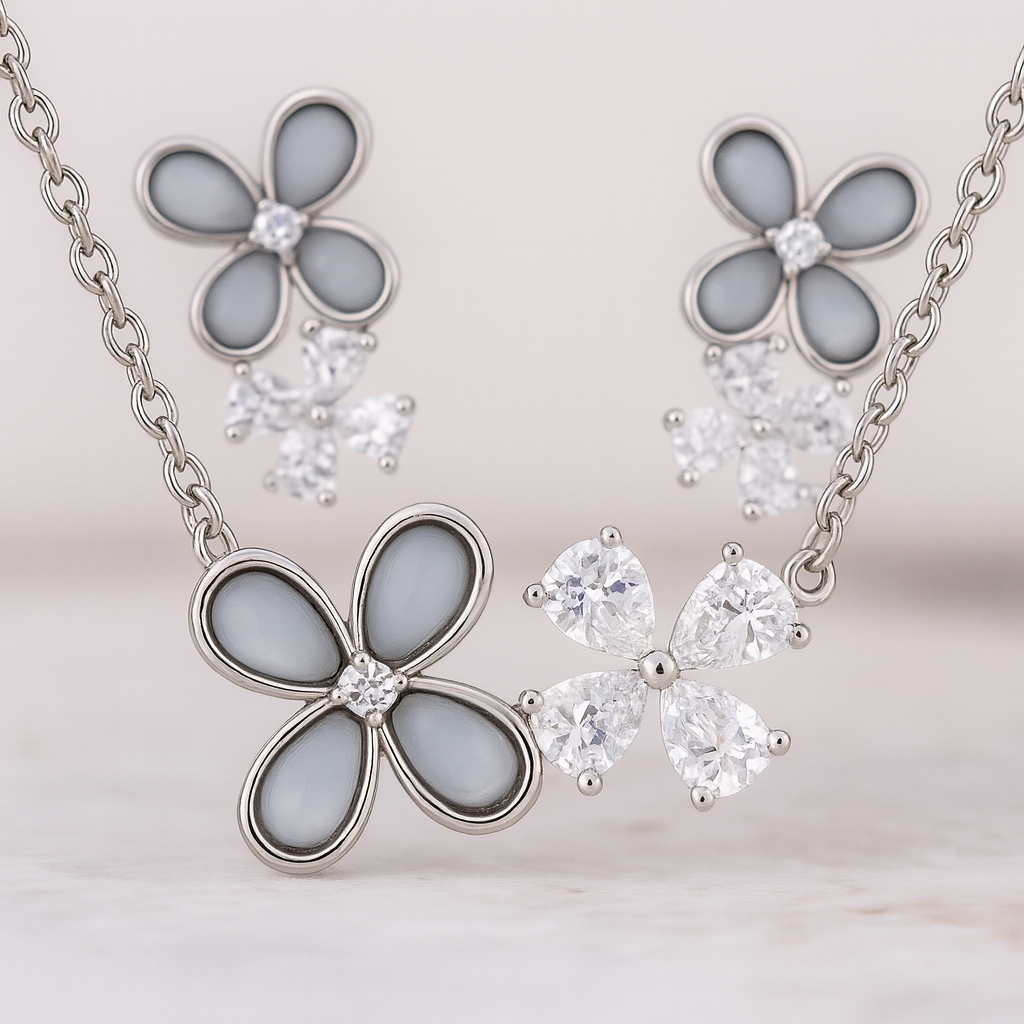 925 Silver Dual Flower Pendant Necklace & Earrings Set for Women – White Enamel & CZ Stone Design