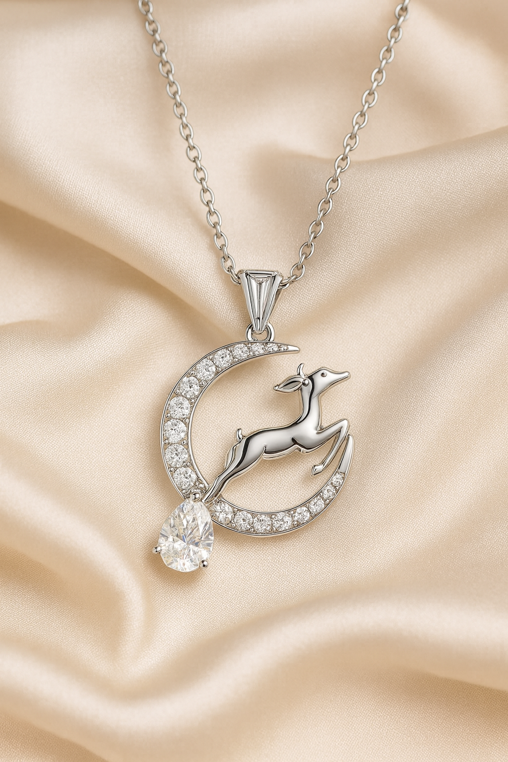 925 Silver Moon & Reindeer Pendant Necklace for Women – Elegant Sparkling CZ with Teardrop Stone