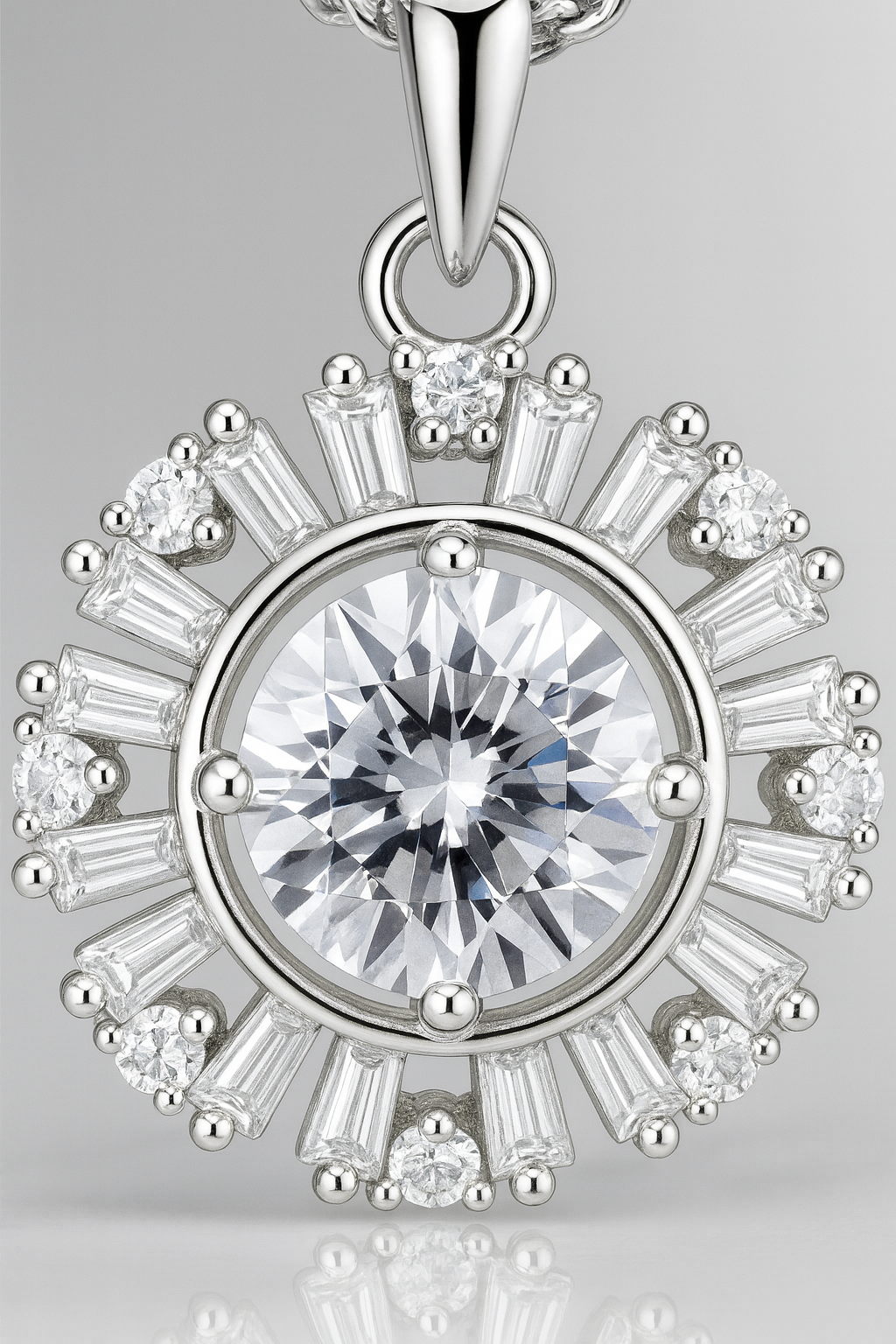 925 Silver Sunburst Halo Pendant Necklace for Women – Round Brilliant CZ Solitaire