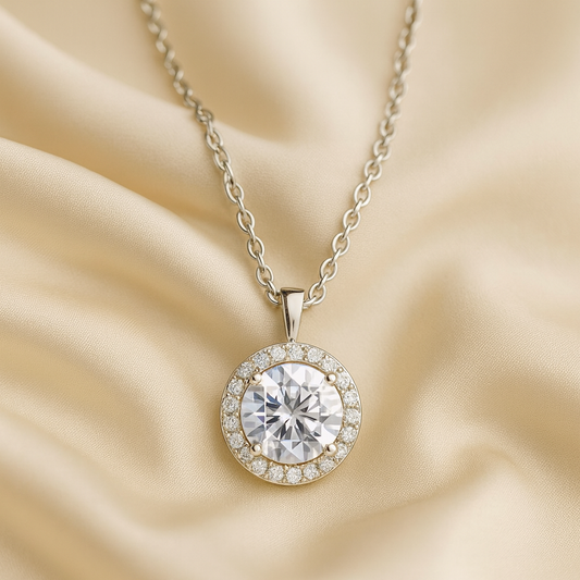 925 Silver Classic Halo Pendant Necklace for Women – Round Brilliant CZ Solitaire Design