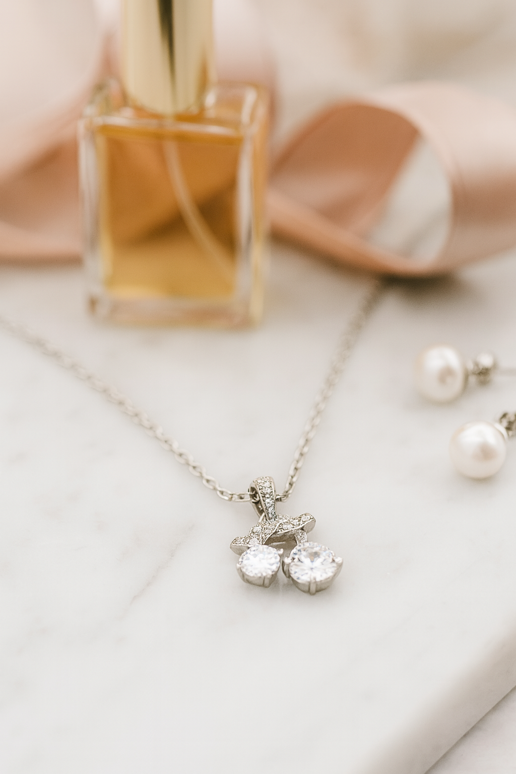 925 Silver Twin Drop Bow Pendant Necklace for Women – Elegant Double CZ Solitaire Design