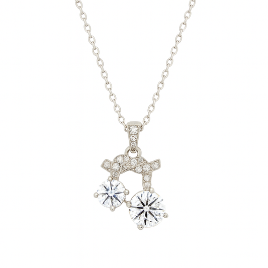 925 Silver Twin Drop Bow Pendant Necklace for Women – Elegant Double CZ Solitaire Design