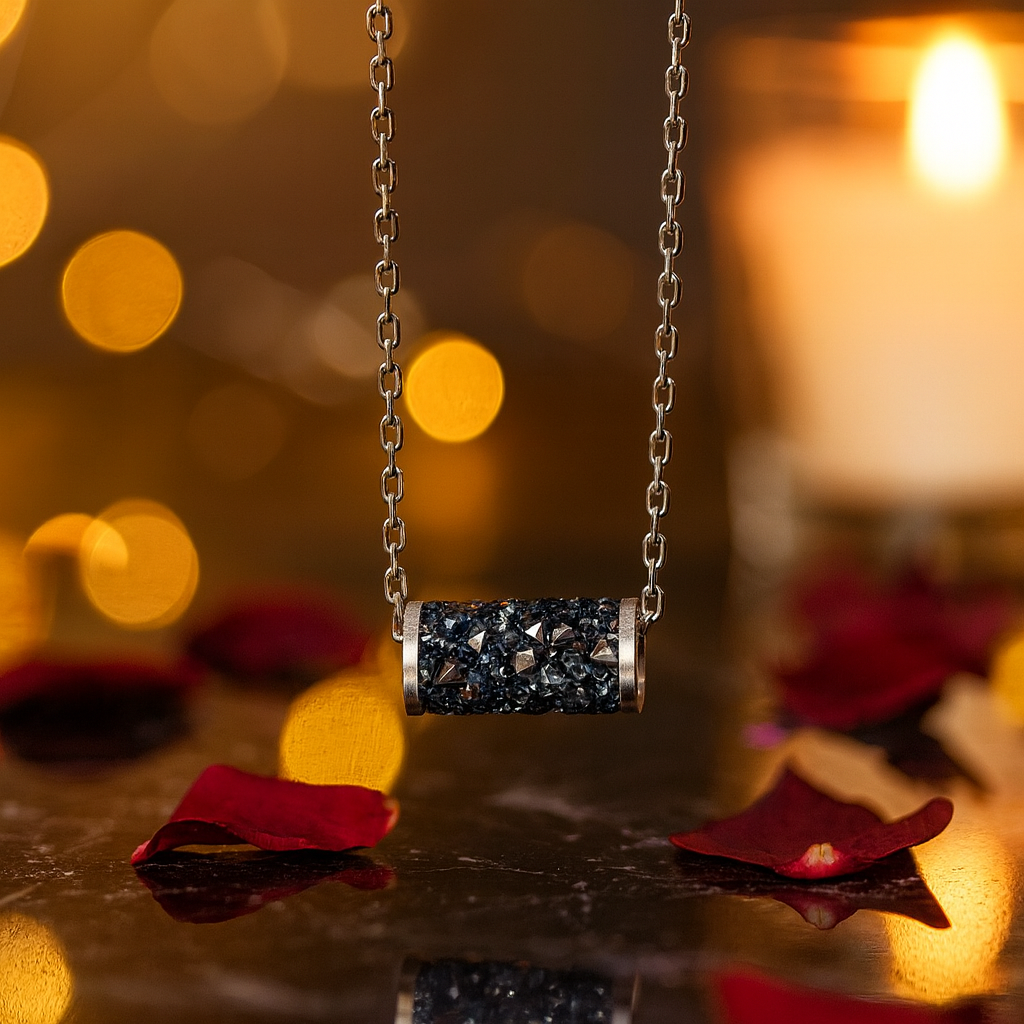 925 Silver Black Crystal Bar Pendant Necklace for Women – Elegant Tube Design with Sparkling Stones