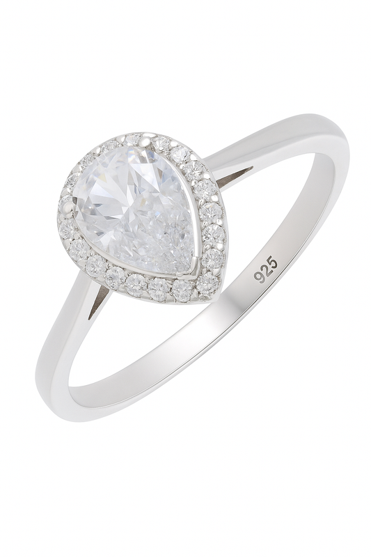 Elegant 925 Silver Teardrop Zircon Halo Ring for Women – Classic Solitaire Engagement & Party Wear Ring