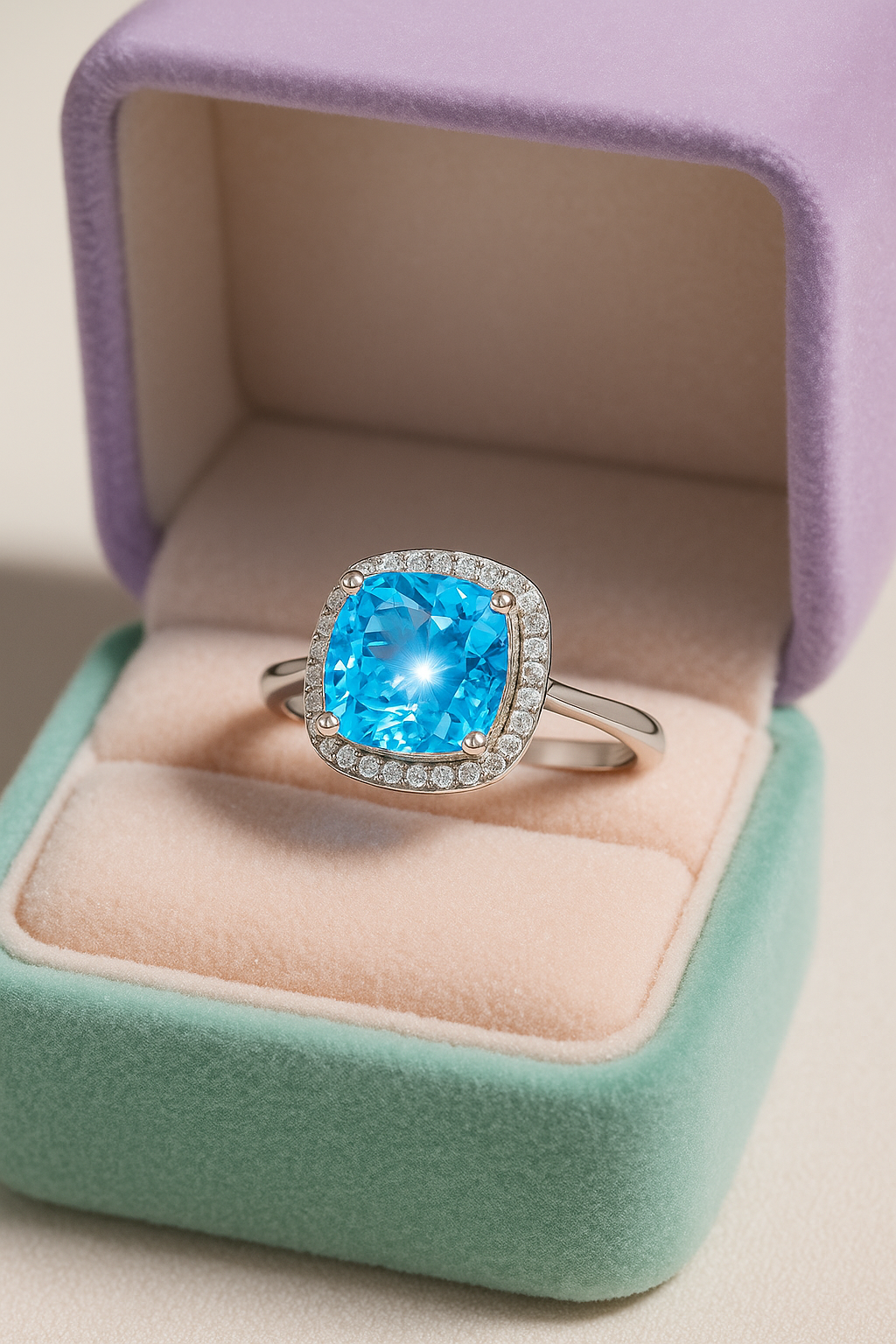 Elegant 925 Silver Blue Zircon Halo Ring for Women – Stylish Cushion Cut Finger Ring for Party & Daily Wear