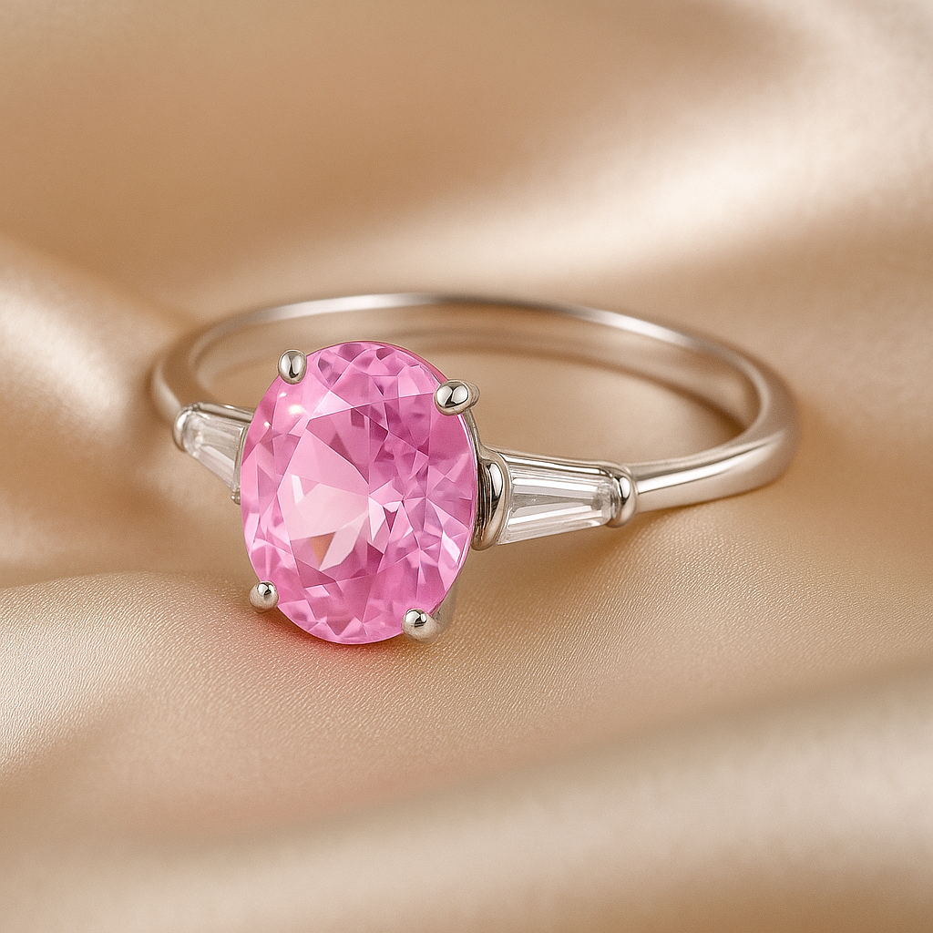 Charming Pink Oval Solitaire Ring with Side Accents