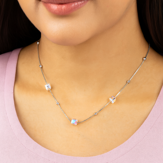 925 Silver Cube Crystal Pendant Necklace for Women – Stylish Iridescent Shine Chain