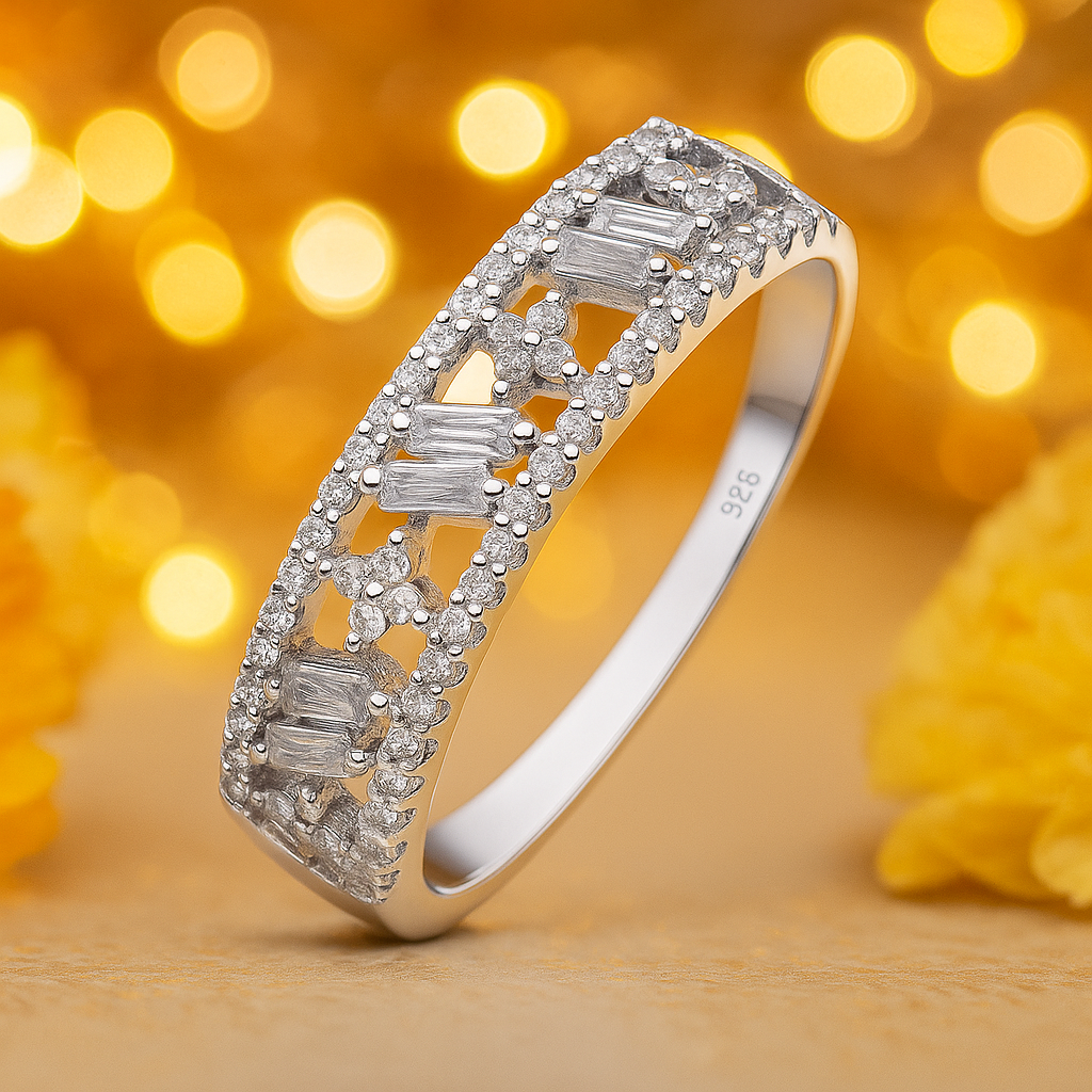 Intricate Baguette Cut Band Ring with Sparkling Detailing