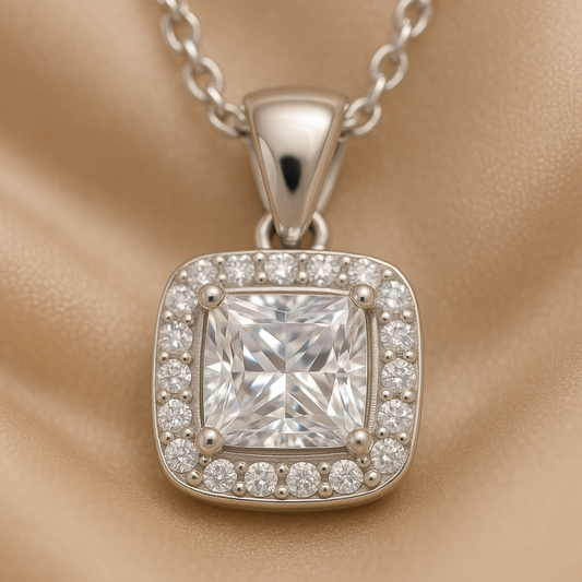 925 Silver Princess Square Halo Pendant Necklace for Women – Sparkling CZ Diamond Shine